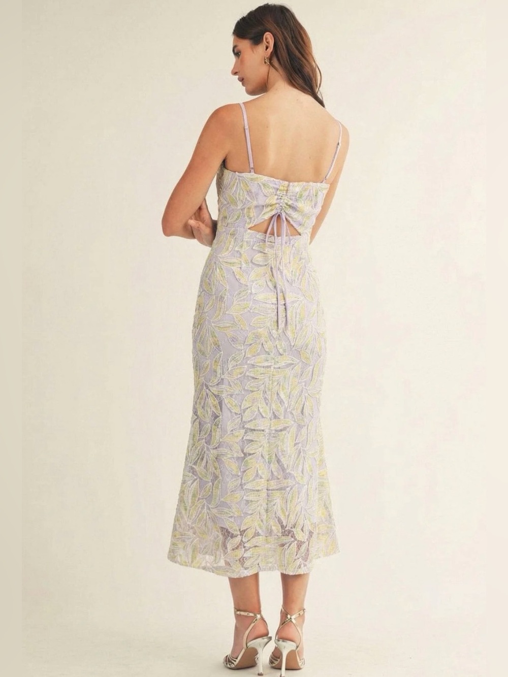 Lilac Leaf-Print Spaghetti Strap Midi Dress - Picture 3 of 5